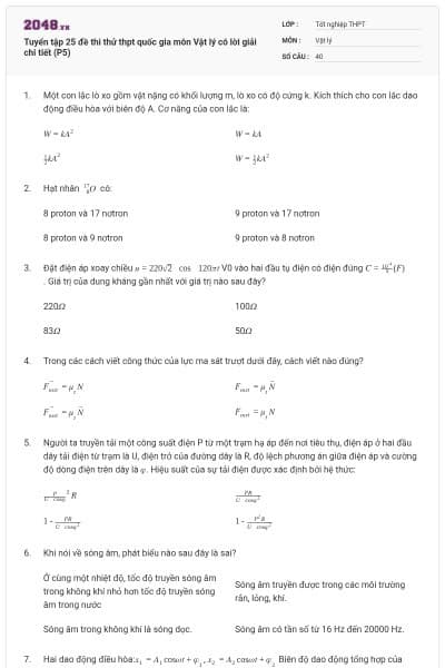 Tuyển tập 25 đề thi thử thpt quốc gia môn Vật lý có lời giải chi tiết (P5)