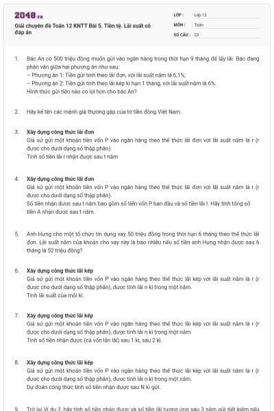 Giải chuyên đề Toán 12 KNTT Bài 5. Tiền tệ. Lãi suất có đáp án