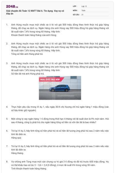 Giải chuyên đề Toán 12 KNTT Bài 6. Tín dụng. Vay nợ có đáp án