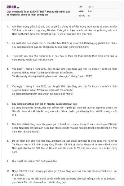 Giải chuyên đề Toán 12 KNTT Bài 7. Đầu tư tài chính. Lập kế hoạch tài chính cá nhân có đáp án