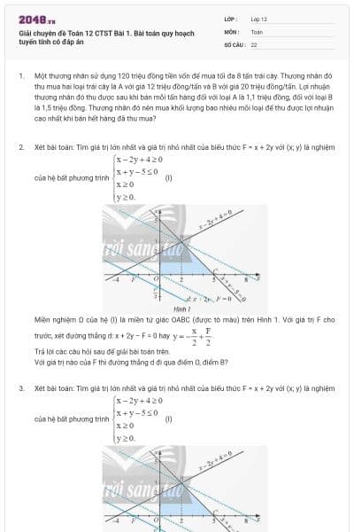 Giải chuyên đề Toán 12 CTST Bài 1. Bài toán quy hoạch tuyến tính có đáp án