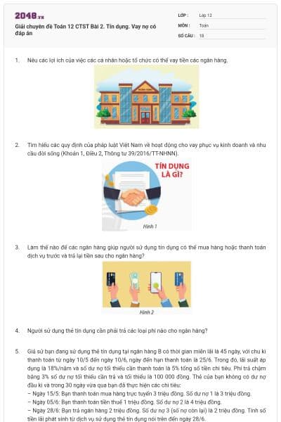 Giải chuyên đề Toán 12 CTST Bài 2. Tín dụng. Vay nợ có đáp án