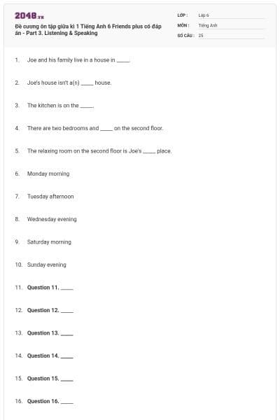 Đề cương ôn tập giữa kì 1 Tiếng Anh 6 Friends plus có đáp án - Part 3. Listening & Speaking