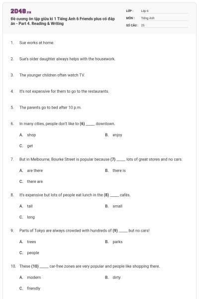 Đề cương ôn tập giữa kì 1 Tiếng Anh 6 Friends plus có đáp án - Part 4. Reading & Writing