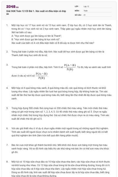 Giải SGK Toán 12 CD Bài 1. Xác suất có điều kiện có đáp án