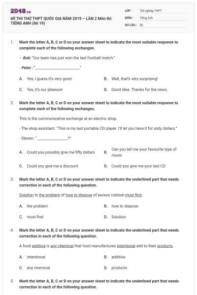 ĐỀ THI THỬ THPT QUỐC GIA NĂM 2019 – LẦN 2 Môn thi: TIẾNG ANH (Đề 19)
