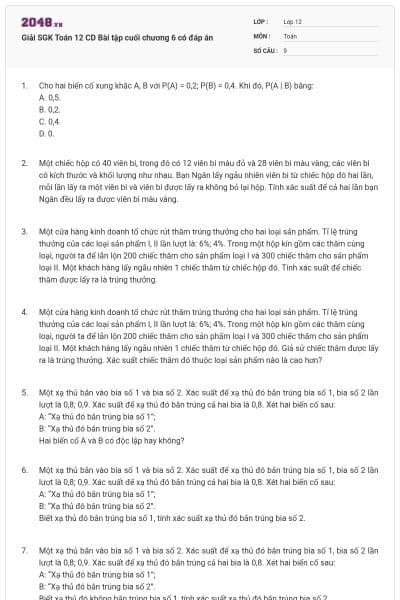 Giải SGK Toán 12 CD Bài tập cuối chương 6 có đáp án