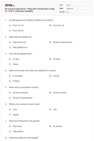 Đề cương ôn tập Cuối kì 1 Tiếng Anh 6 Friends plus có đáp án - Part 3. Listening & Speaking