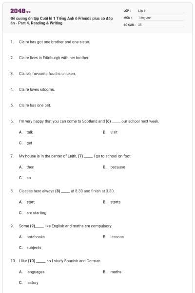 Đề cương ôn tập Cuối kì 1 Tiếng Anh 6 Friends plus có đáp án - Part 4. Reading & Writing