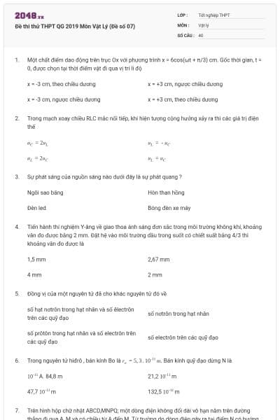 Đề thi thử THPT QG 2019 Môn Vật Lý (Đề số 07)