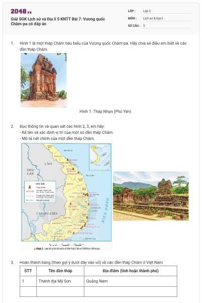 Giải SGK Lịch sử và Địa lí 5 KNTT Bài 7: Vương quốc Chăm-pa có đáp án