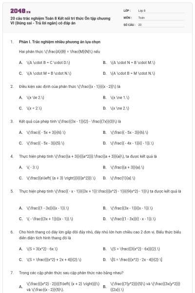 20 câu trắc nghiệm Toán 8 Kết nối tri thức Ôn tập chương VI (Đúng sai - Trả lời ngắn) có đáp án