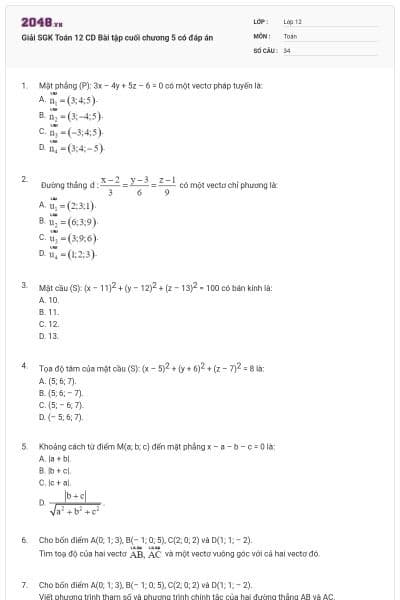 Giải SGK Toán 12 CD Bài tập cuối chương 5 có đáp án