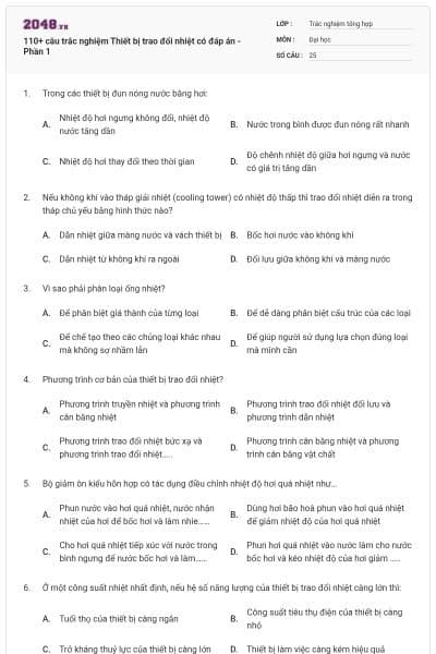110+ câu trắc nghiệm Thiết bị trao đổi nhiệt có đáp án - Phần 1