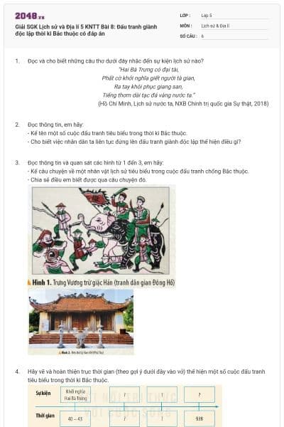 Giải SGK Lịch sử và Địa lí 5 KNTT Bài 8: Đấu tranh giành độc lập thời kì Bắc thuộc có đáp án