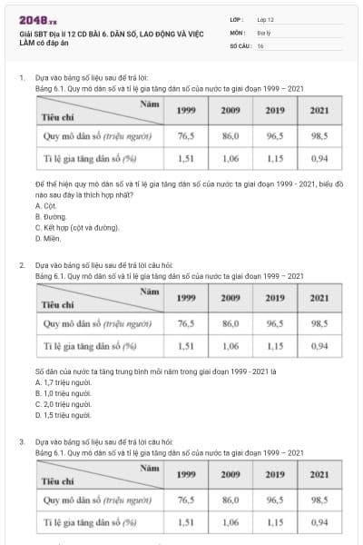 Giải SBT Địa lí 12 CD BÀI 6. DÂN SỐ, LAO ĐỘNG VÀ VIỆC LÀM có đáp án