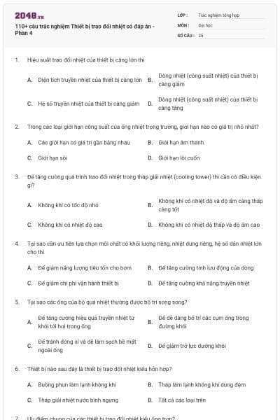 110+ câu trắc nghiệm Thiết bị trao đổi nhiệt có đáp án - Phần 4