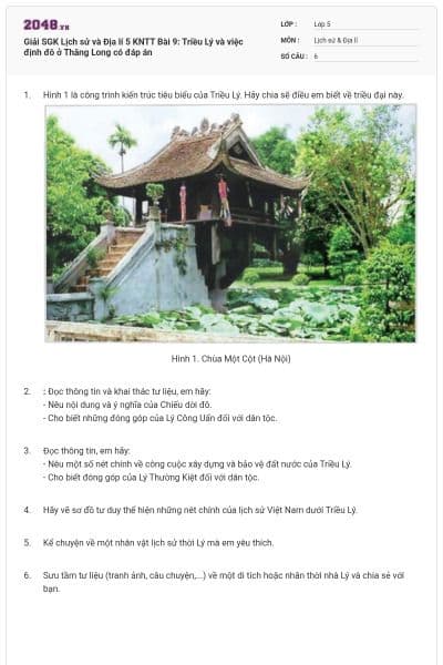 Giải SGK Lịch sử và Địa lí 5 KNTT Bài 9: Triều Lý và việc định đô ở Thăng Long có đáp án