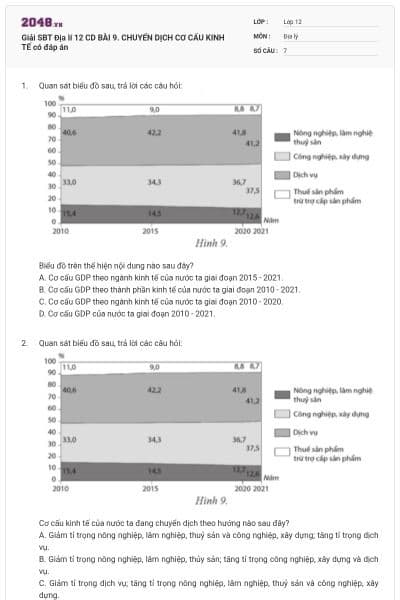 Giải SBT Địa lí 12 CD BÀI 9. CHUYỂN DỊCH CƠ CẤU KINH TẾ có đáp án