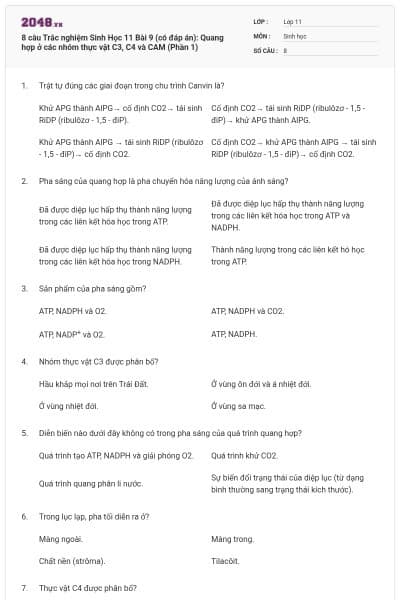 8 câu  Trắc nghiệm Sinh Học 11 Bài 9 (có đáp án): Quang hợp ở các nhóm thực vật C3, C4 và CAM (Phần 1)