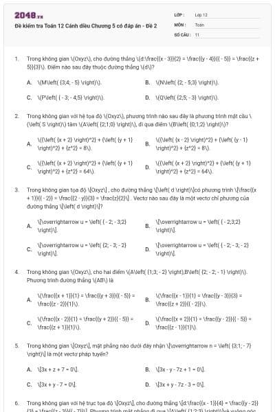 Đề kiểm tra Toán 12 Cánh diều Chương 5 có đáp án - Đề 2