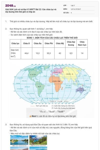 Giải SGK Lịch sử và Địa lí 5 KNTT Bài 22: Các châu lục và đại dương trên thế giới có đáp án
