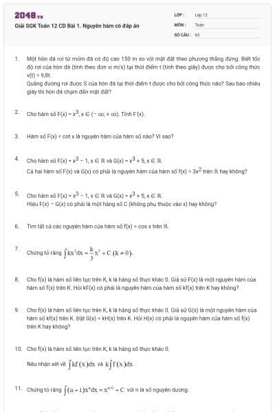 Giải SGK Toán 12 CD Bài 1. Nguyên hàm có đáp án