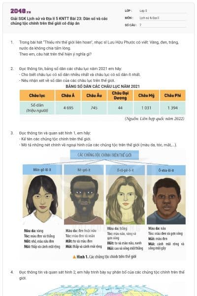 Giải SGK Lịch sử và Địa lí 5 KNTT Bài 23: Dân số và các chủng tộc chính trên thế giới có đáp án