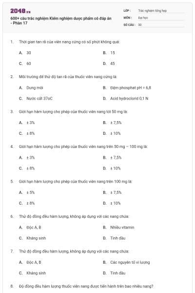 600+ câu trắc nghiệm Kiểm nghiệm dược phẩm có đáp án - Phần 17