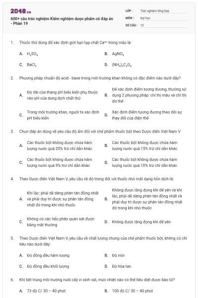 600+ câu trắc nghiệm Kiểm nghiệm dược phẩm có đáp án - Phần 19