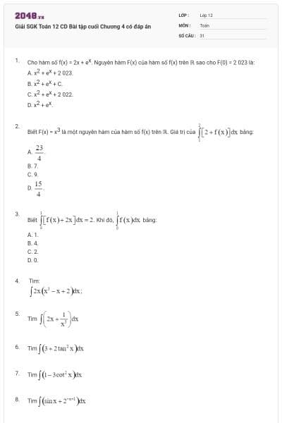Giải SGK Toán 12 CD Bài tập cuối Chương 4 có đáp án