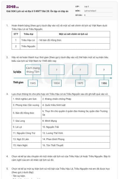 Giải SGK Lịch sử và Địa lí 5 KNTT Bài 28: Ôn tập có đáp án