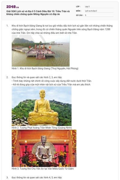Giải SGK Lịch sử và Địa lí 5 Cánh Diều Bài 10: Triều Trần và kháng chiến chống quân Mông-Nguyên có đáp án