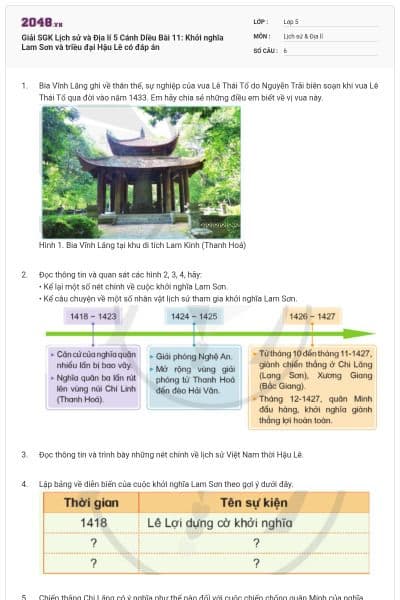 Giải SGK Lịch sử và Địa lí 5 Cánh Diều Bài 11: Khởi nghĩa Lam Sơn và triều đại Hậu Lê có đáp án