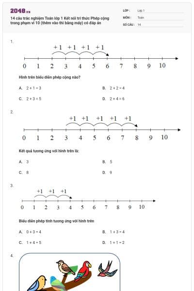 14 câu trắc nghiệm Toán lớp 1 Kết nối tri thức Phép cộng trong phạm vi 10 (thêm vào thì bằng mấy) có đáp án