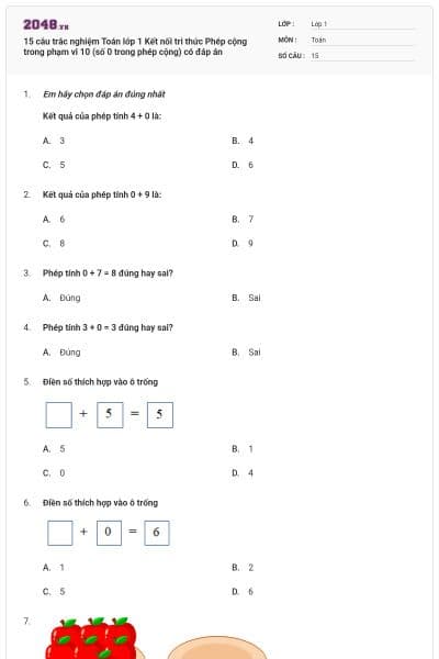 15 câu trắc nghiệm Toán lớp 1 Kết nối tri thức Phép cộng trong phạm vi 10 (số 0 trong phép cộng) có đáp án