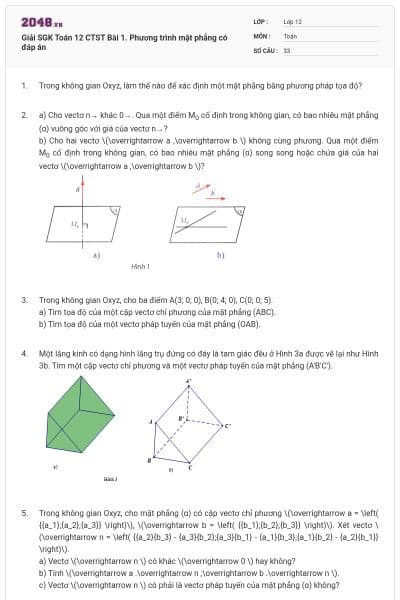 Giải SGK Toán 12 CTST Bài 1. Phương trình mặt phẳng có đáp án