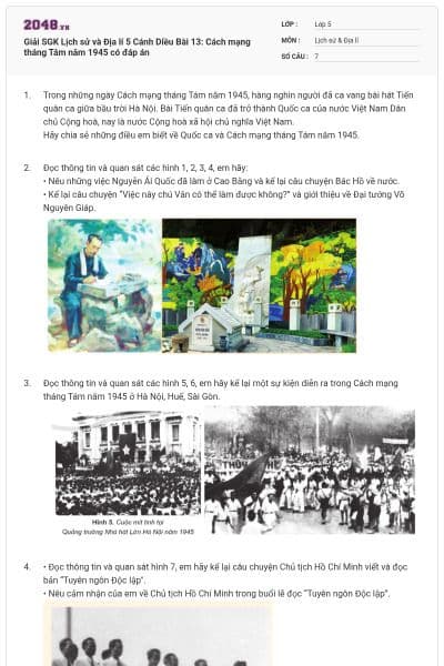 Giải SGK Lịch sử và Địa lí 5 Cánh Diều Bài 13: Cách mạng tháng Tám năm 1945 có đáp án