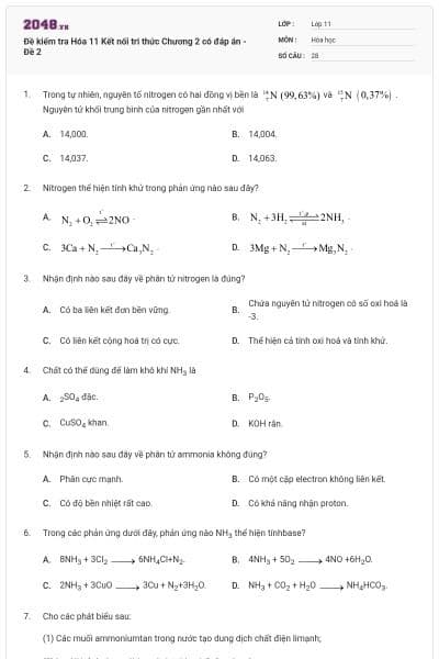 Đề kiểm tra Hóa 11 Kết nối tri thức Chương 2 có đáp án - Đề 2