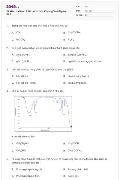 Đề kiểm tra Hóa 11 Kết nối tri thức Chương 3 có đáp án - Đề 2