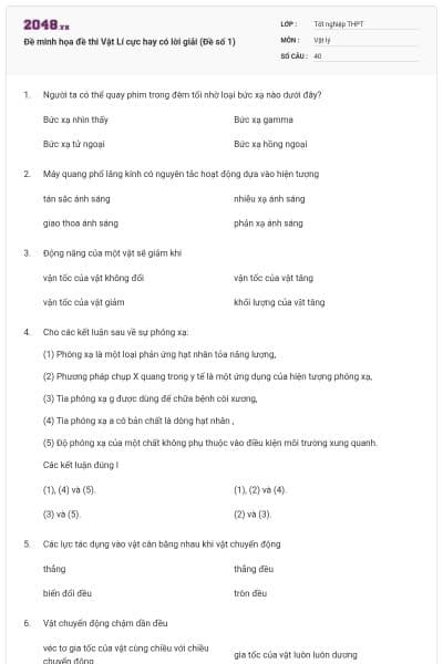 Đề minh họa đề thi Vật Lí cực hay có lời giải (Đề số 1)