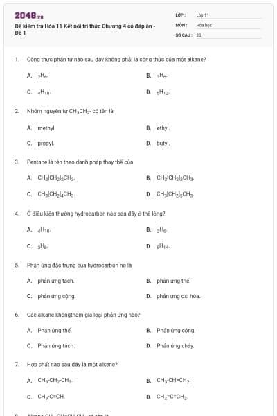 Đề kiểm tra Hóa 11 Kết nối tri thức Chương 4 có đáp án - Đề 1