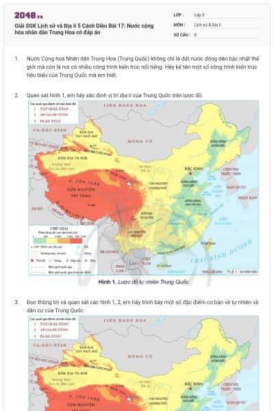 Giải SGK Lịch sử và Địa lí 5 Cánh Diều Bài 17: Nước cộng hòa nhân dân Trung Hoa có đáp án