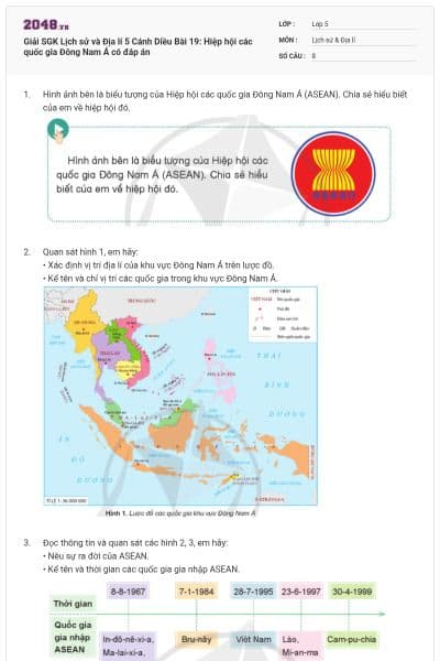Giải SGK Lịch sử và Địa lí 5 Cánh Diều Bài 19: Hiệp hội các quốc gia Đông Nam Á có đáp án