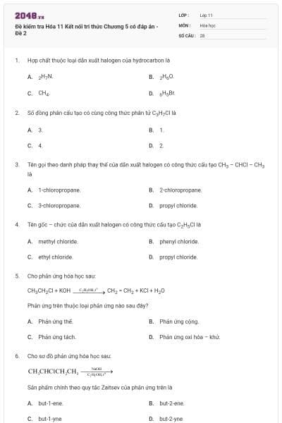 Đề kiểm tra Hóa 11 Kết nối tri thức Chương 5 có đáp án - Đề 2
