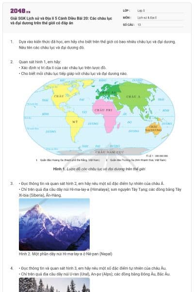 Giải SGK Lịch sử và Địa lí 5 Cánh Diều Bài 20: Các châu lục và đại dương trên thế giới có đáp án