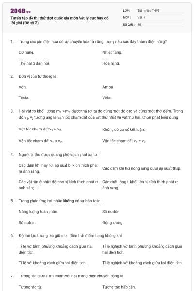 Tuyển tập đề thi thử thpt quốc gia môn Vật lý cực hay có lời giải (Đề số 2)