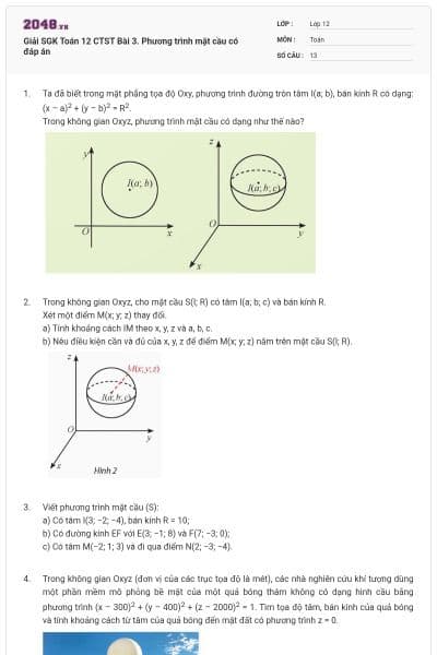 Giải SGK Toán 12 CTST Bài 3. Phương trình mặt cầu có đáp án