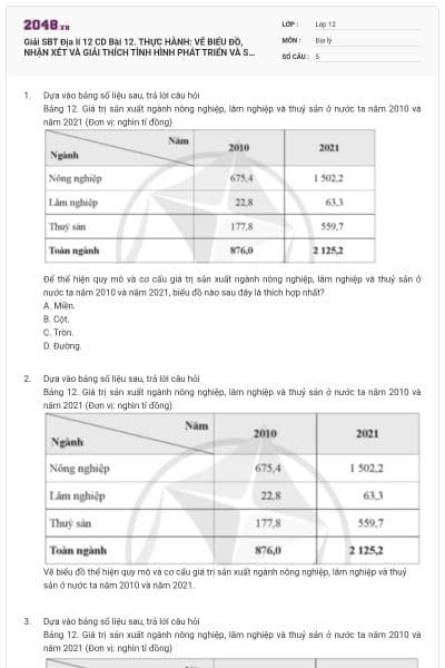 Giải SBT Địa lí 12 CD Bài 12. THỰC HÀNH: VẼ BIỂU ĐỒ, NHẬN XÉT VÀ GIẢI THÍCH TÌNH HÌNH PHÁT TRIỂN VÀ SỰ CHUYỂN DỊCH CƠ CẤU CỦA NGÀNH NÔNG NGHIỆP, LÂM NGHIỆP VÀ THUỶ SẢN có đáp án