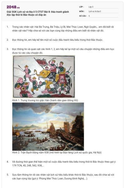 Giải SGK Lịch sử và Địa lí 5 CTST Bài 8: Đấu tranh giành độc lập thời kì Bắc thuộc có đáp án